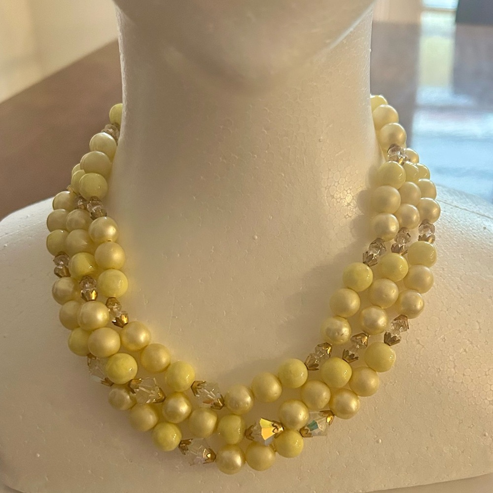 Vintage Triple Strand Yellow Beaded Necklace